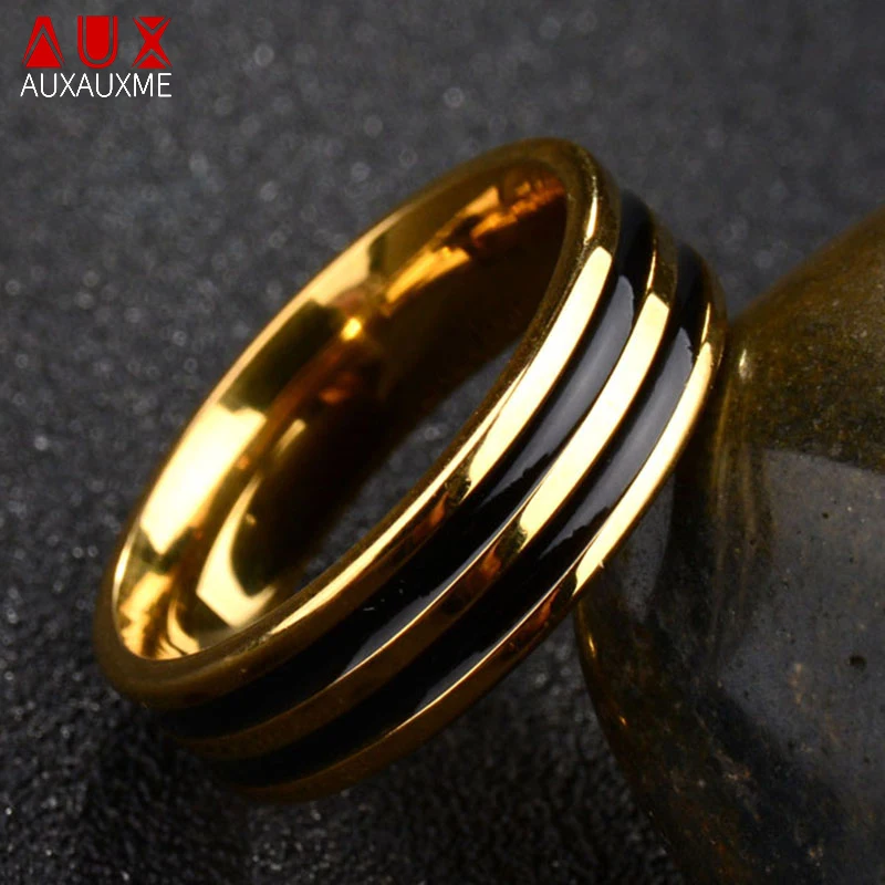 Auxauxme Simple Black Double-Line Glaze Rings Color oro acciaio al titanio per uomo donna gioielli regali Dropshipping