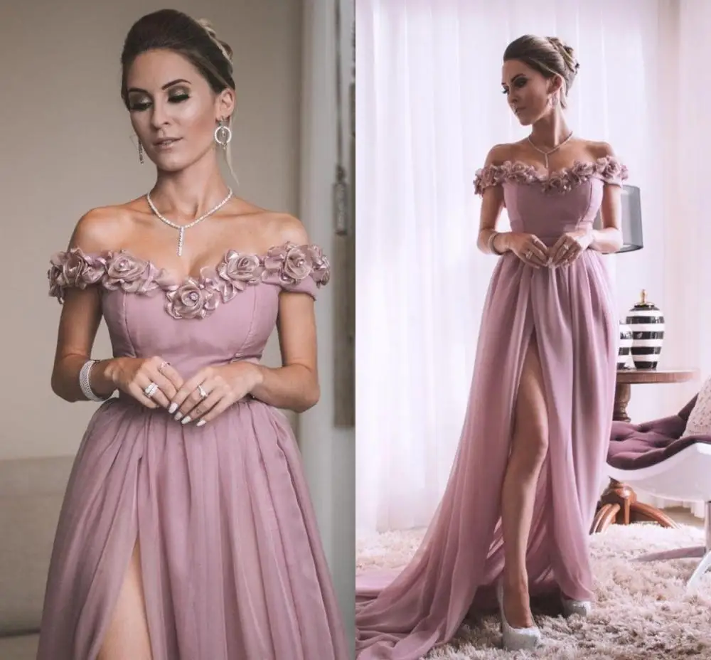 

2020 New Arabic Blush Pink Off the Shoulder Evening Dresses 3D Flowers Split Long Prom Dress Formal Party Gowns robe de soriee