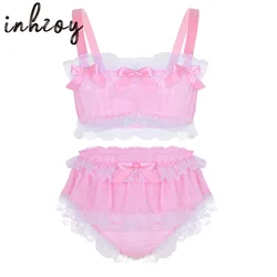 Mens Sissy 2 Pieces Lingerie Set Ruffled Lace Frilly Bowknot Crop Top Girly Skirted Panties Nightwear Gay Men Underwear