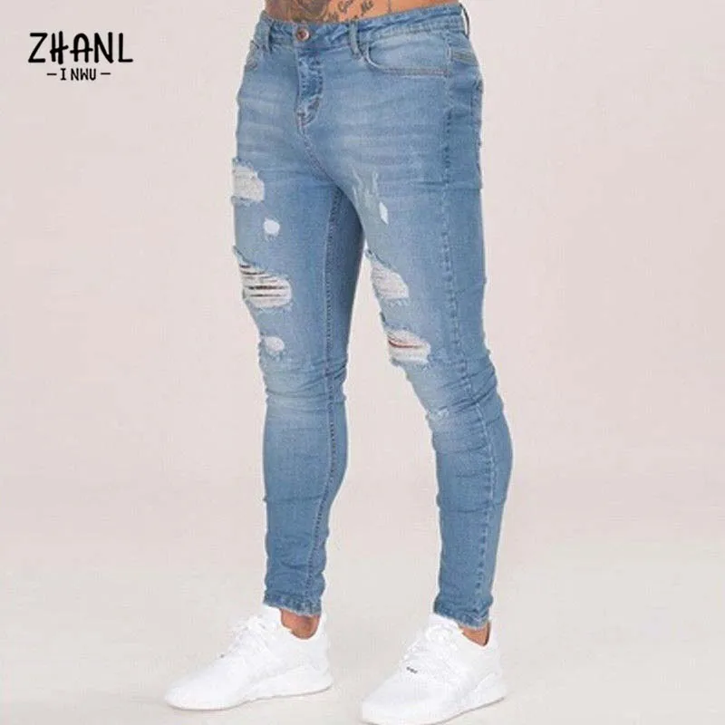 Heren Jeans Witte Hoge Elastische Taille Skinny Cowboy Broek Streetwear Slim Biker Blue Ripped Potlood Broek Mannelijke Joggingbroek Herfst