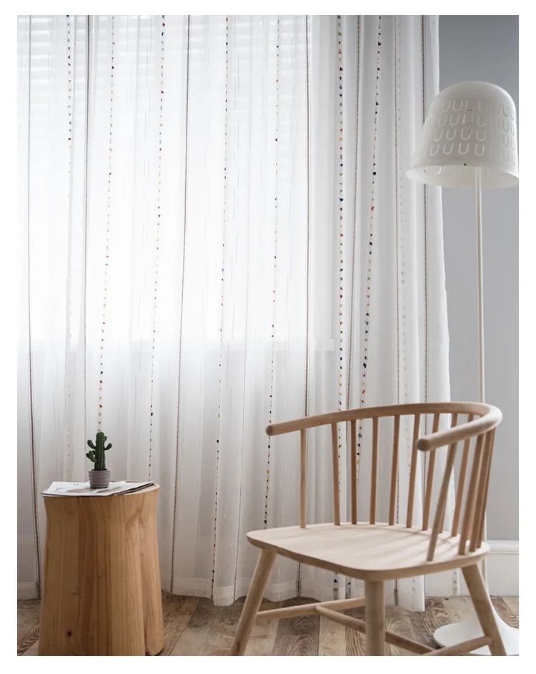 Fresh white sheer curtains Nordic bedroom French wave window yarn balcony gauze shade embroidery striped window screen curtains