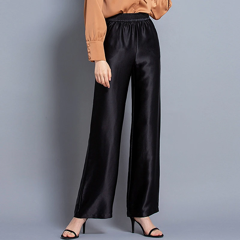 100% Silk High Waist Solid Casual Style drape Loose High Waist Wide Leg Pants Women Summer Englent New Fashion