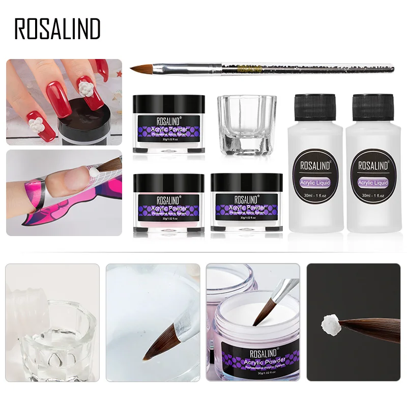 ROSALIND Acrylic Powder Nail Kit Poly Nail Extension Carving Art Design Manicure Set acrylic nail brush Builder Powder Gel