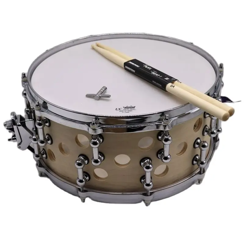 14 Inch X 6.5 Inch Birch Wood Snare Drum Natural Color Body with Hole with 1 Pair 5A Maple Drum Stick 1 Piece Drum Screw Spanner