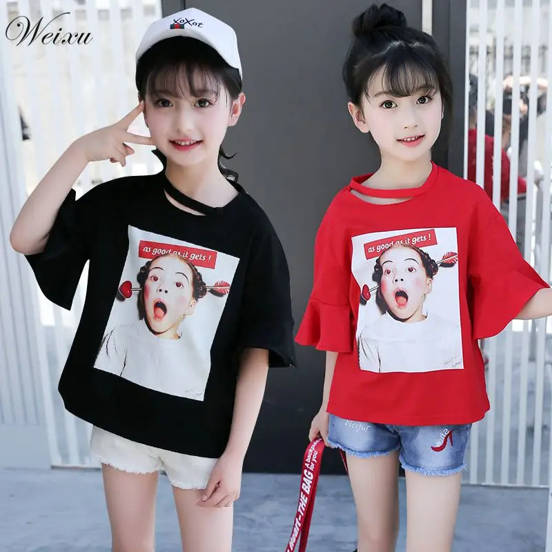 

Weixu 5-14 Years Old Children's T-shirts for Girls Korean Girl Short Sleeve Head Print Cotton T Shirt Kids Summer Top Clothes