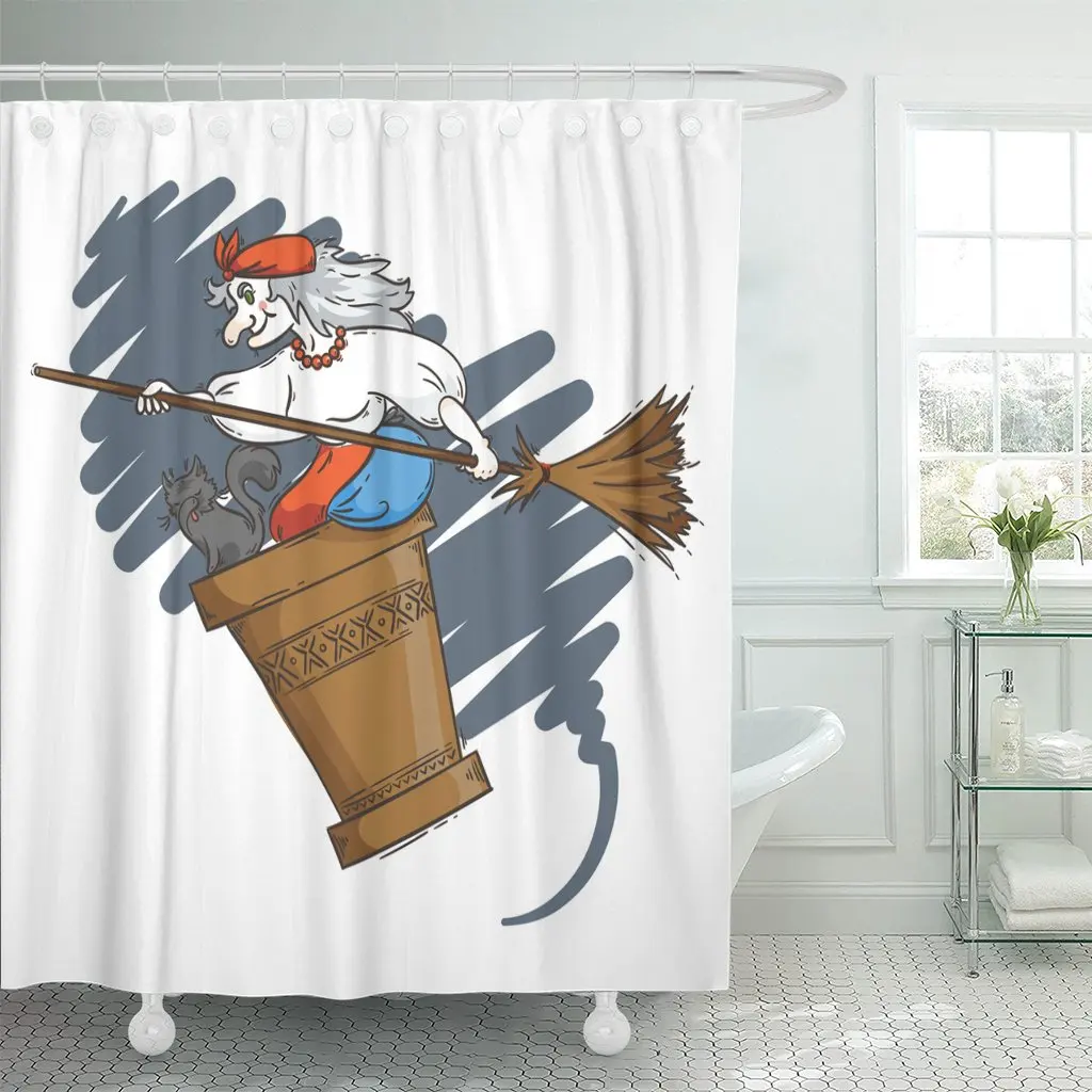 Baba Yaga Flying in Mortar Cat and Broomstick The Bathroom Curtain Waterproof Polyester Fabric 72 x 78 inches Set with Hooks