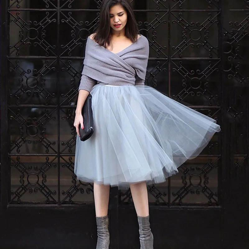 

5 layers 60cm Tulle Skirts Womens Black Gray White Adult Tulle Skirt Elastic High Waist Pleated Midi Skirt