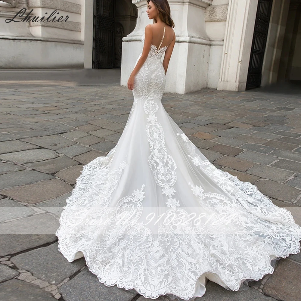 Lhuilier Elegant Mermaid Lace Wedding Dresses Illusion Scoop Neck Lace Appliques Floor Length Chapel Train Bridal Gown with Cape