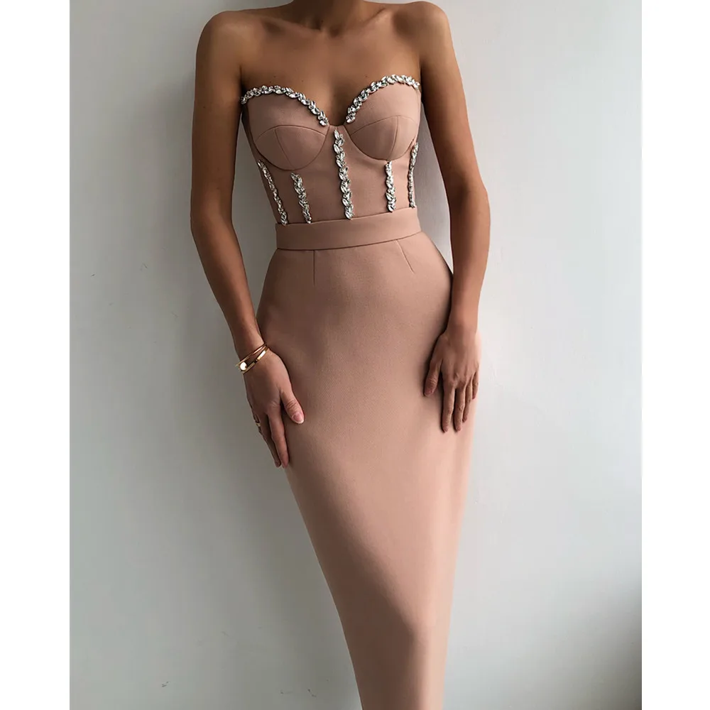 Women Summer Sexy Strapless Backless Beading Midi Black Beige Red Crystal Bandage Dress 2021 Elegant Evening Party Dress Vestido