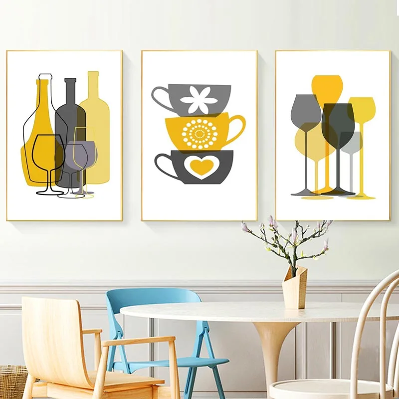 Abstract Yellow Gray Tableware Canvas Painting Rice Bowl Cup Wine Glass Poster Restaurant Kitchen Decoration Wall Art Pictures