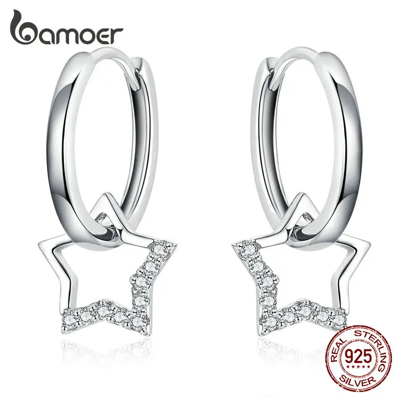 BAMOER Statement Wedding Jewelry Clear CZ Earrings with Star Charm Women Genuine 925 Sterling Silver Fine Jewelry BSE276