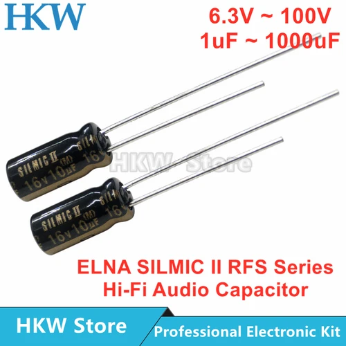 ELNA-condensador de Audio SILMIC II serie RFS, HiFi, 6,3 V, 10V, 16V, 25V, 50V, 63V, 100V, 10uF, 22uF, 47uF, 100uF, 220uF, 470uF, Original