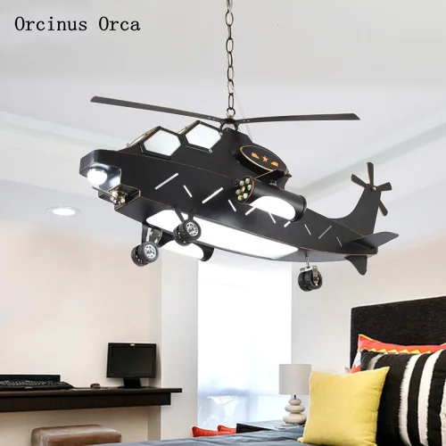 

High end customization Black creative retro fighter boy bedroom children's room lamp cartoon decorative airplane Chandelier