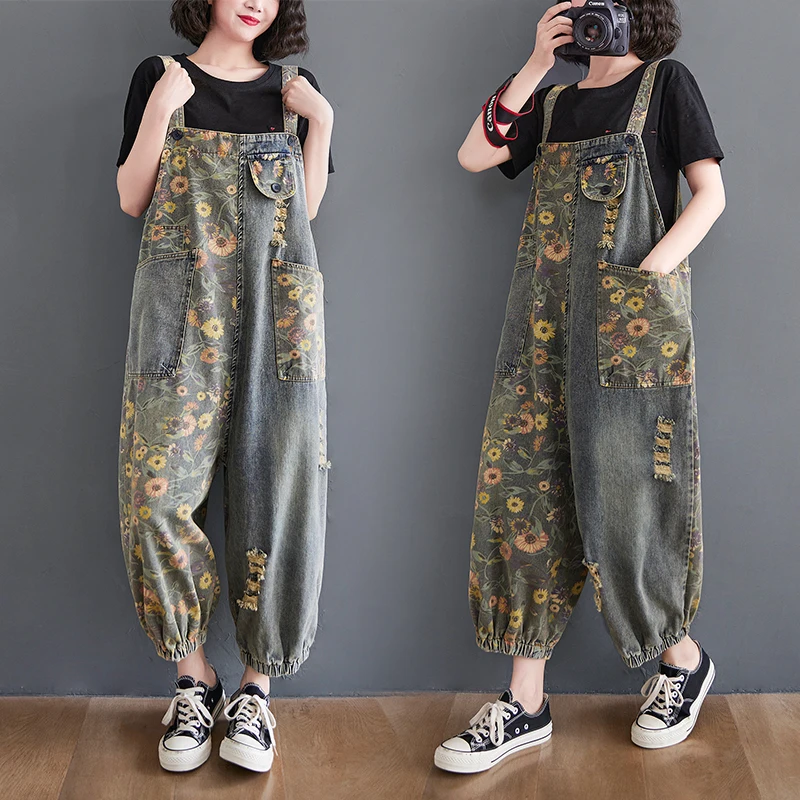 Casual Loose Plus Size Jeans Jumpsuits Women Spring Autumn Print Floral Denim Overalls Wide Leg Dungarees Straps Baggy Pants