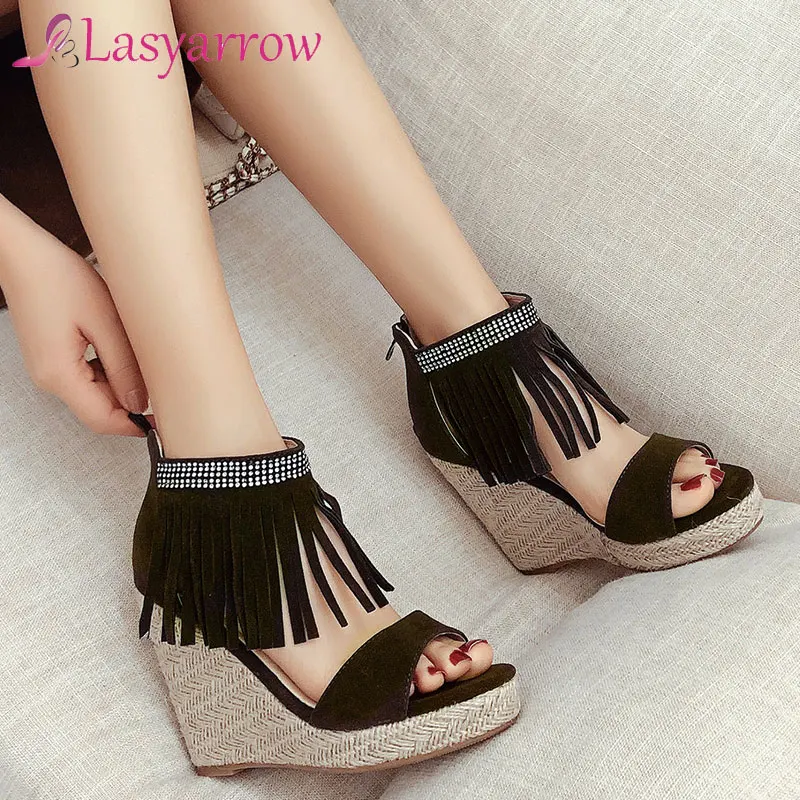 

Lasyarrow 2021 Summer New Arrival Ankle Wrap Tassel Fringe Wedges Heels Platform Sandals Woman High Heeled Shoes Size 34-50