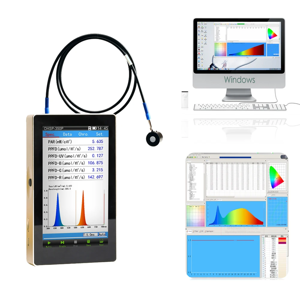 OHSP-350P Agriculture PAR PPFD Spectrometer 350-800nm with Optical Fiber Rectangular Sensor