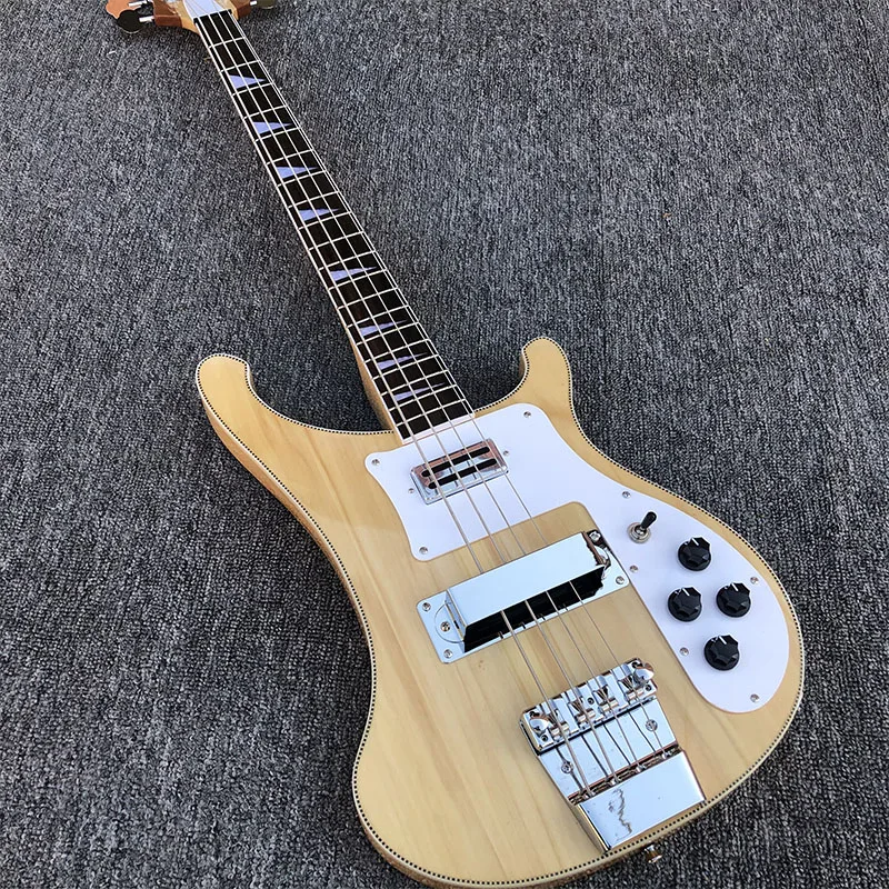 Customized guitar shop, 4-string bass, wood color paint, neck through the body, chrome-plated hardware, free delivery.