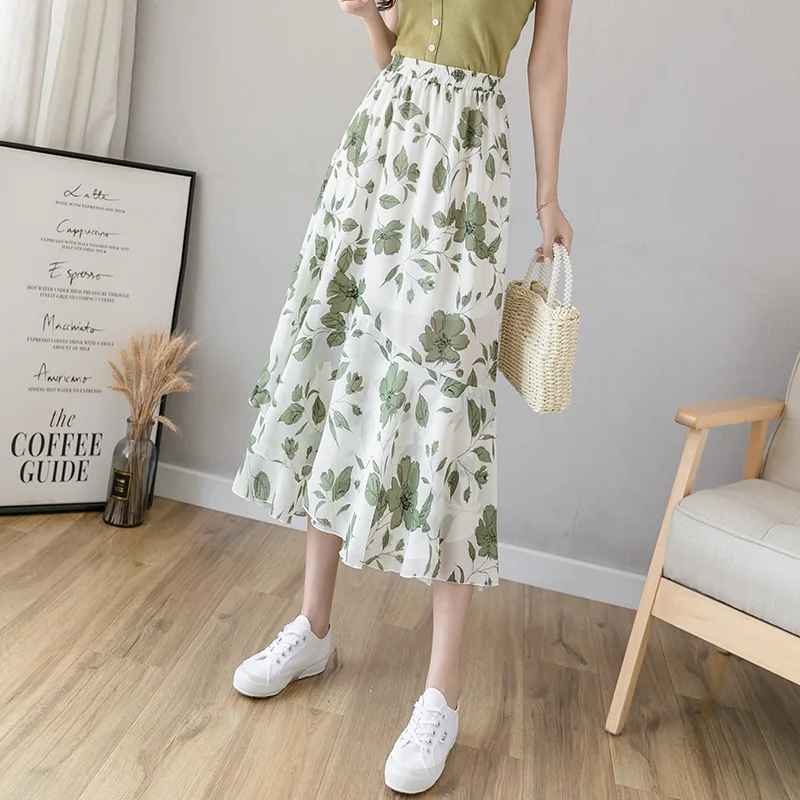 New 2020 Summer Chiffon Floral Elastic High Waist Side Pockets long skirts for women tulle pleated red schoolgirl female skirt