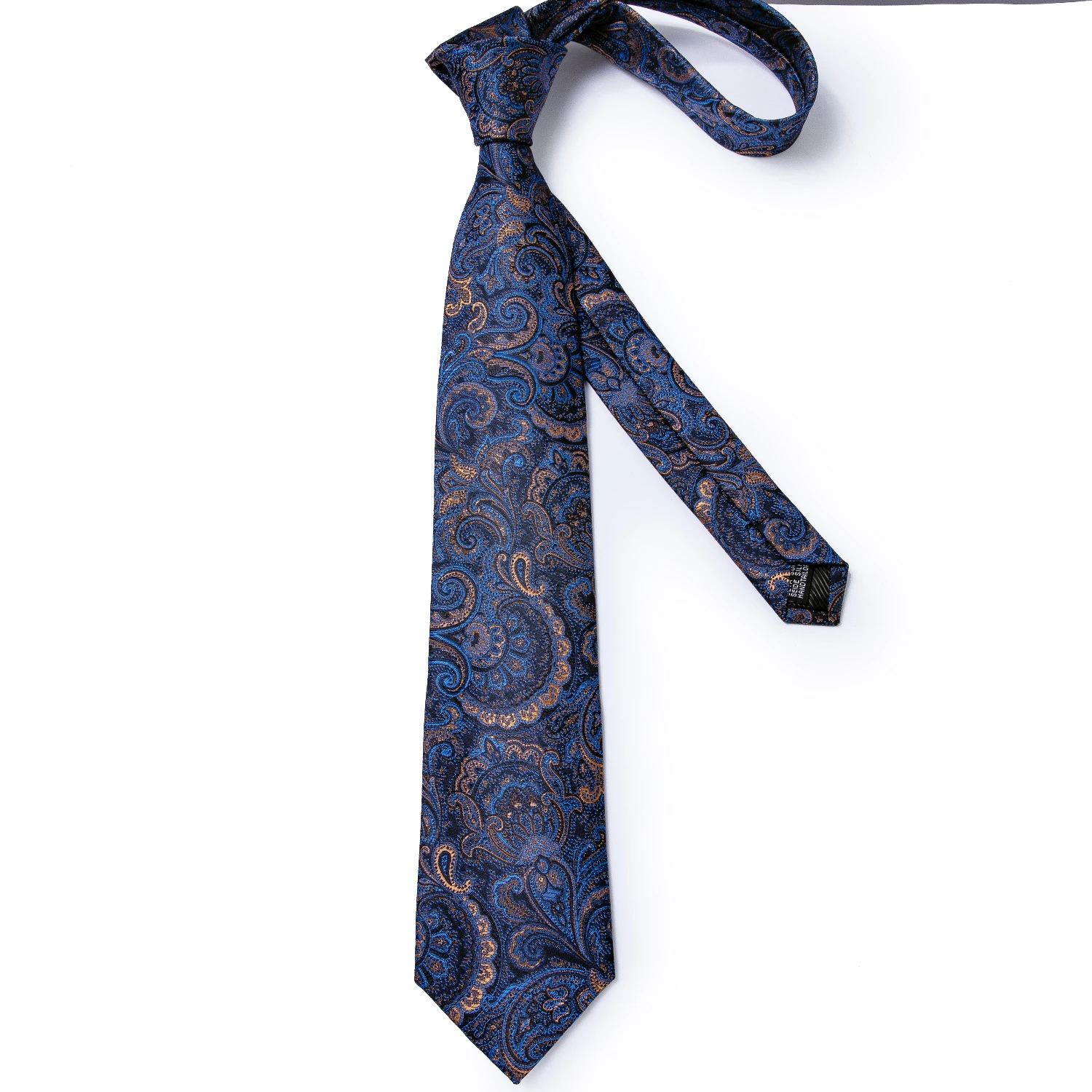 Luxuriöse Blau-Gold Paisley-Krawatten für Herren, Business-Hochzeits-Krawattenset mit Krawattenring, Brosche, Manschettenknöpfen und Einstecktuch – Detail 19