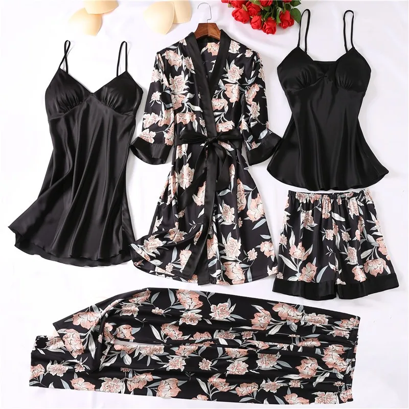 Women Robe Sets Sexy Sleepwear Satin Silky Nightwear Kimono Bathrobe Gown Print Flower Intimate Lingerie Loungewear