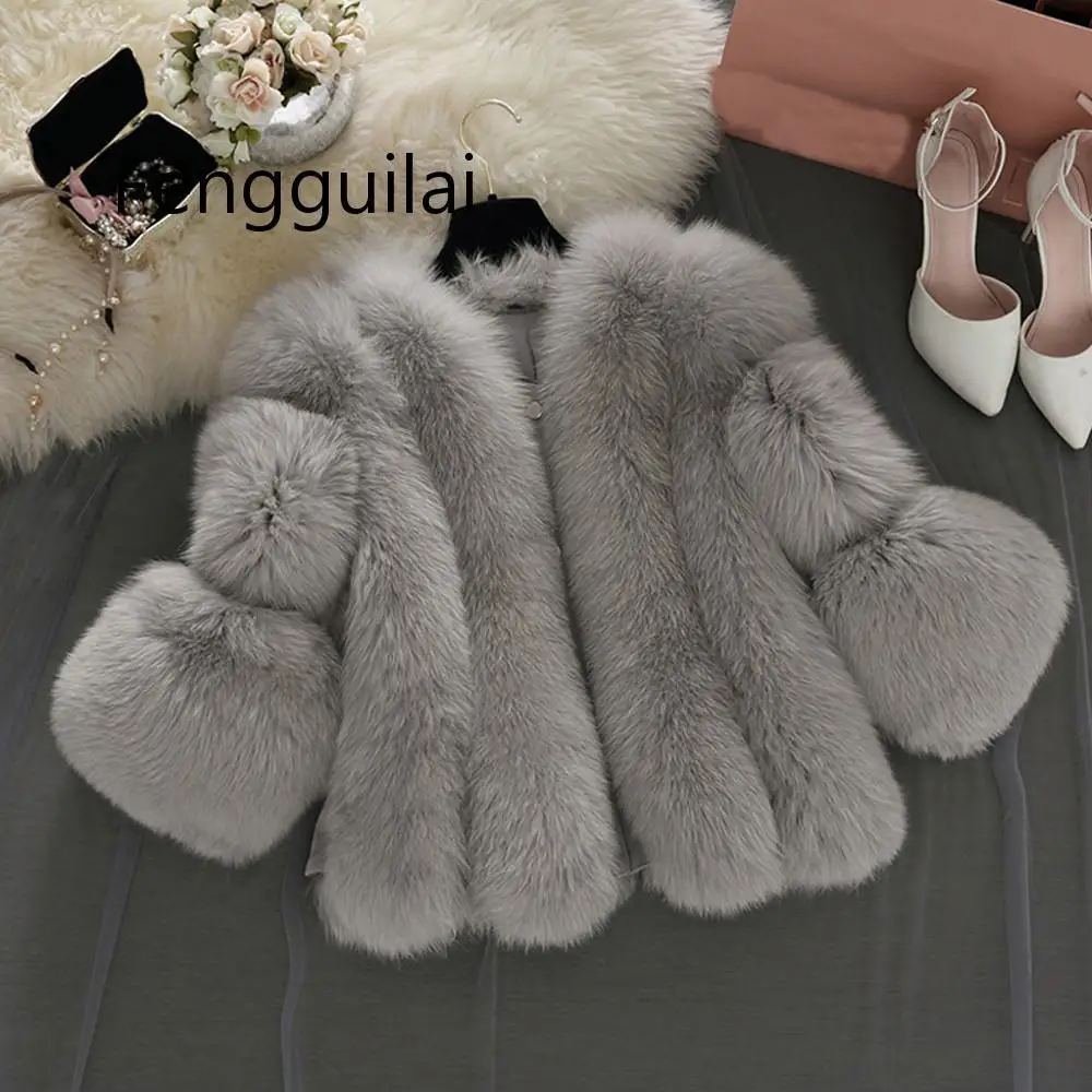 S-4XL Fox Fur Coats Women Winter Warm White Grey  FAUX Fur Coat Elegant Thick Warm Outerwear Fake Fur Jacket Chaquetas Mujer