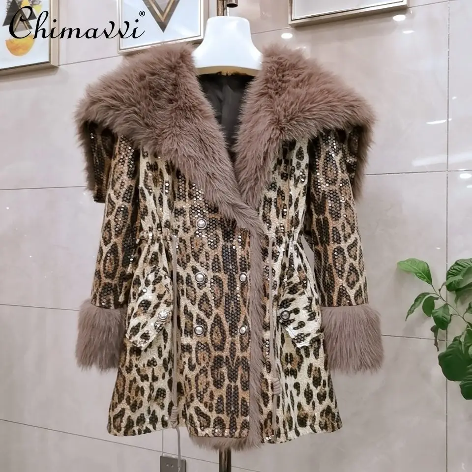 

2021 Winter New Women's Thick Warm Fur Long Tuscan Lamb Wool Outerwear&Coat Ladies Fashion High Street Sequins Motorcycle Jacket