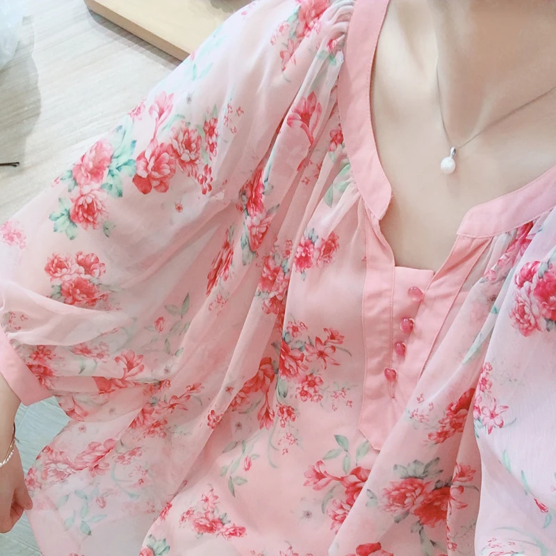 Summer Original Design Women Fresh Sweet Pink Oversized Blouses Lantern Sleeve Floral Print Casual Loose Chiffon Shirts