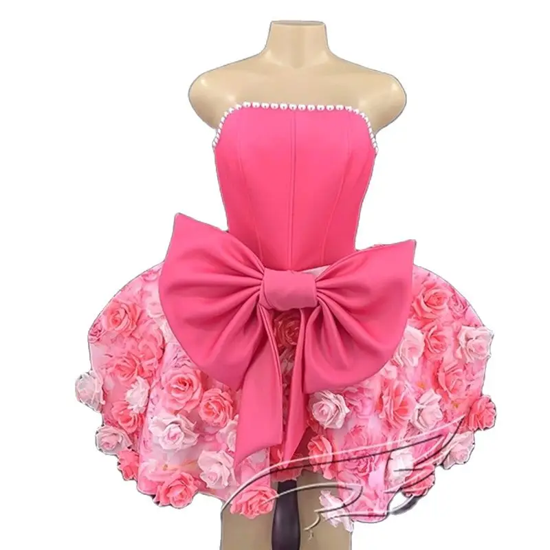 

Club Singer Stage Show Pink Rose Dress Bubble Short Dress Prom Party Cosplay Gogo DJ Stage Costume