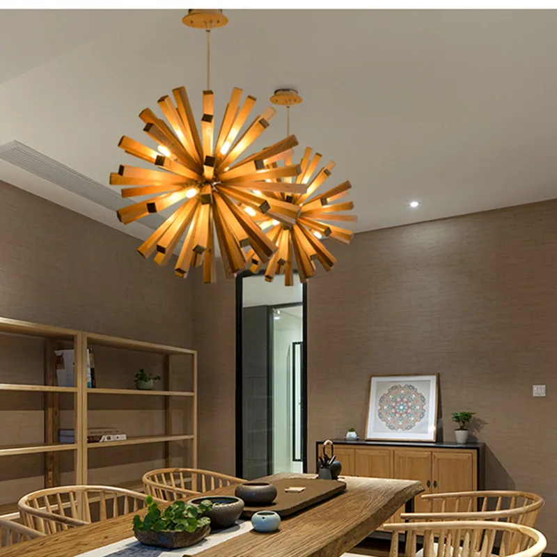 Nordic Dandelion Wooden Pendant Lights For Living Tea Dining Room Art Creative New Chinese Hanglamp  Personality Lighting Decor