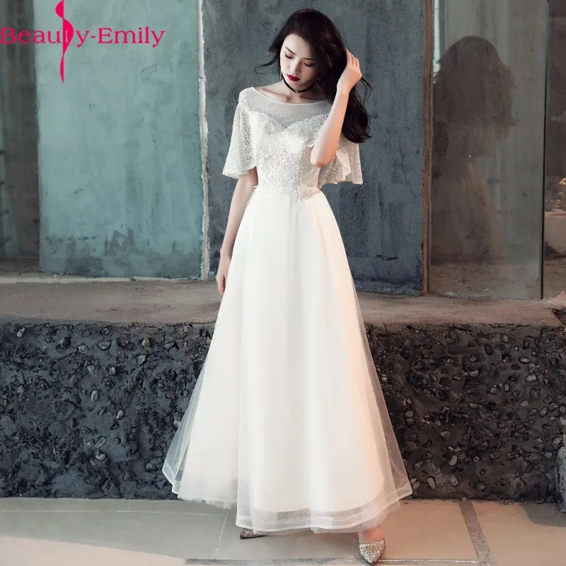 

Beauty Emily Shining Beaded Appliques O Neck Evening Dress 2020 Charming Sleeveless A Line Lace Up Back Formal Party Dress