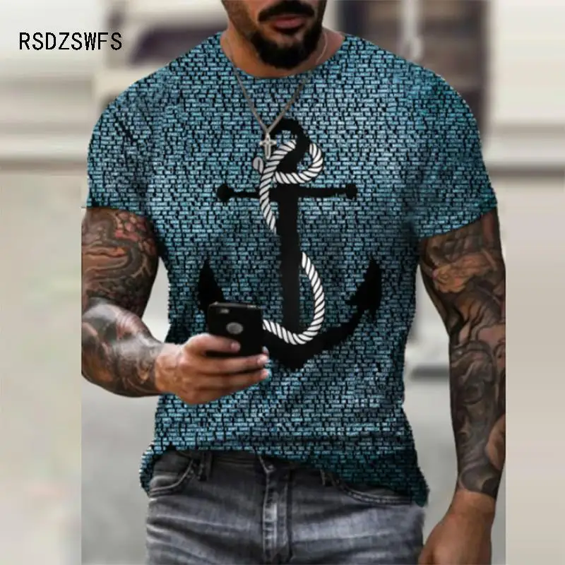 Summer Men\'s T-Shirt Street Personalized Marine Style Anchor Print 3D Clothes Large Size Mens Top Loose Pullover T-Shirt