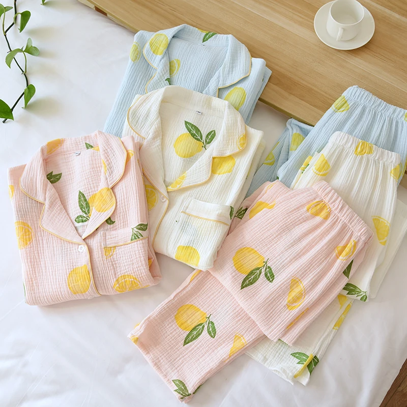 Cute Sweet Style Women Spring Loose Comfortable Soft Pajamas Trousers Set Breathable Crepe Cotton Pajama Home Lounge Sleepwear