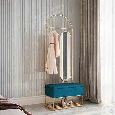 Nordic clothes rack with rotating full-length mirror floor room hanging clothes rack storage rack shoe changing stool