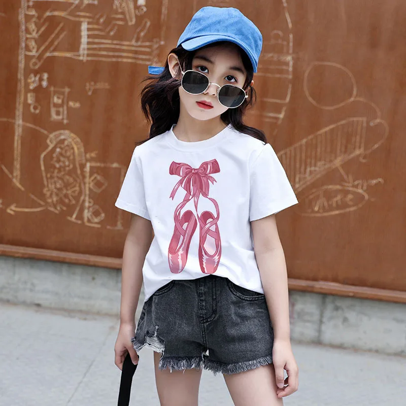 Ładne buty baletowe Bowknot drukuj dziewczyny T Shirt Harajuku luźna koszulka dla dziewczynki 2-12 lat ubrania dla dzieci dziecko topy z krótkim rękawem — zdjęcie 3