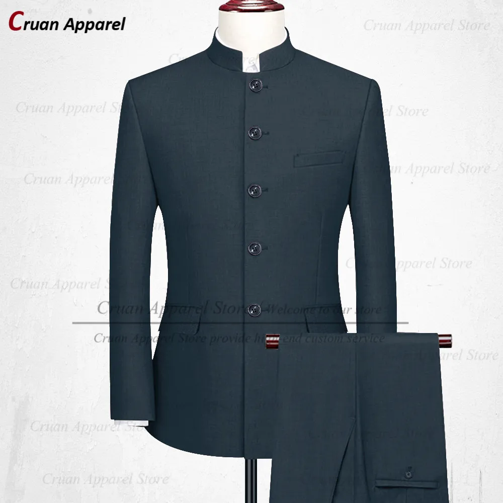 New Classic Chinese Tunic Suit Wedding Men Suit Set Slim fit Groomsman Groom Tuxedo Luxury Dinner Stand Collar Blazer Pants 2Pcs