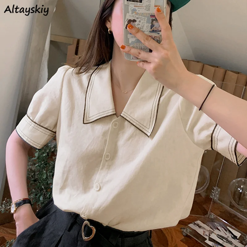 

Women Shirts Simple Short Puff Sleeve Leisure Patchwork Korean Style College Summer Single Breasted Turn-down Collar All-match