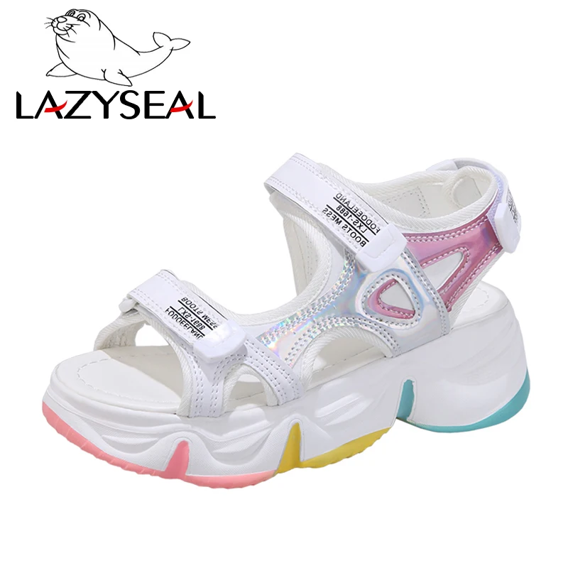 Lazyseal Platform Sandalen Vrouwelijke Zomer 2020 Vrouwen Dikke Bodem Regenboog Zool Klittenband Schoen Wedge Met Open Teen Platform schoenen