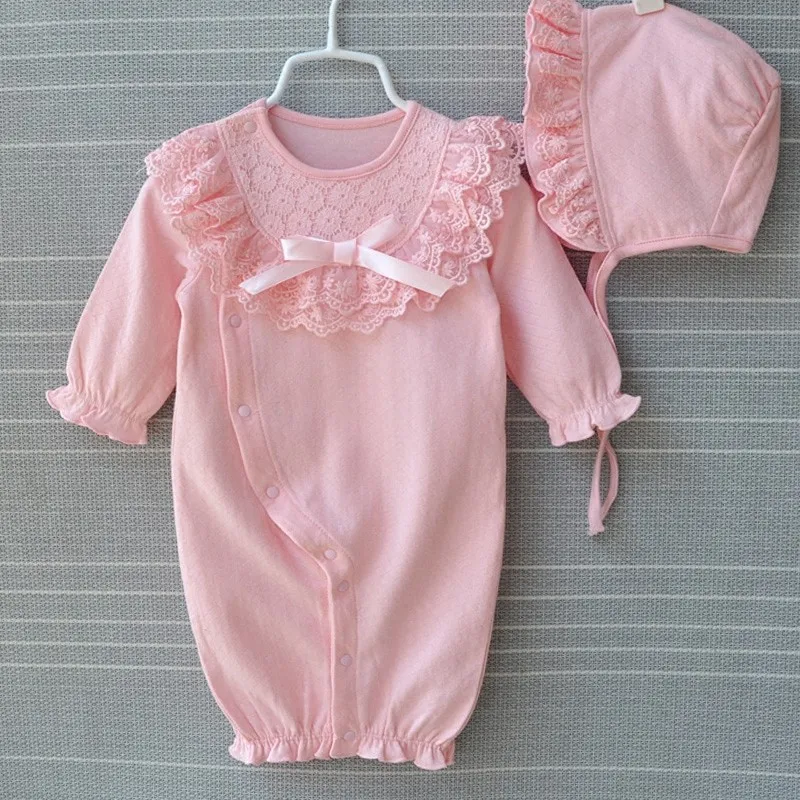 Princess Cotton Newborn Baby Girl Clothes Lace Bow Jumpsuit Spring Autumn Infant Girls Clothing Sets Bodysuit+ Hats