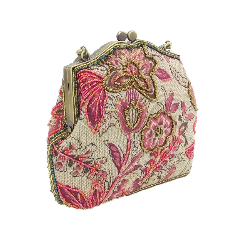 Boutique De FGG Chinese Style Embroidery Floral Women Beaded Evening Purse Bridal Flower Clutch Bag Wedding Party Frame Handbag