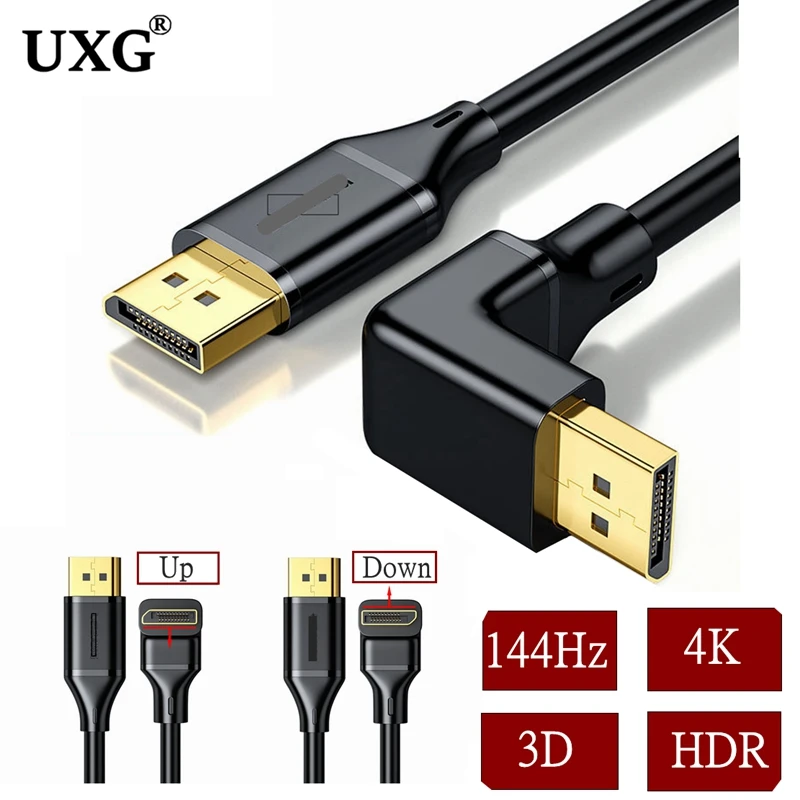 90 Degree Up Down Angled Displayport 1.4 DP 8K 4K 60Hz 144Hz 32.4Gbps HDR Cable 1M 3M For Video PC Laptop TV Projector Computer