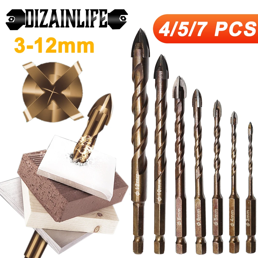 DIZAINLIFE-Juego de brocas hexagonales cruzadas para azulejos, abridor de agujeros de hormigón, cerámica, vidrio, ladrillo, aleación dura,