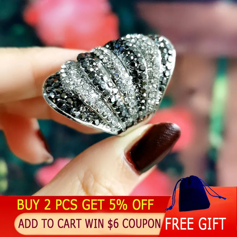 KIOOZOL Vintage Luxury Black Silver Color Mezzanine Crystal Ring Women Large Cocktail Ring Jewelry Accessories180 KO4