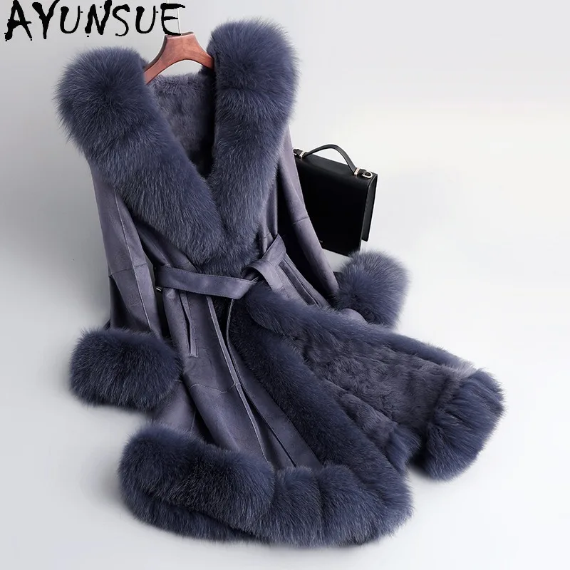 Ayunsure-abrigo de piel de conejo Natural para mujer, chaqueta elegante de gama alta con capucha de cuello de piel de zorro Real para invierno 2021, Gxy521