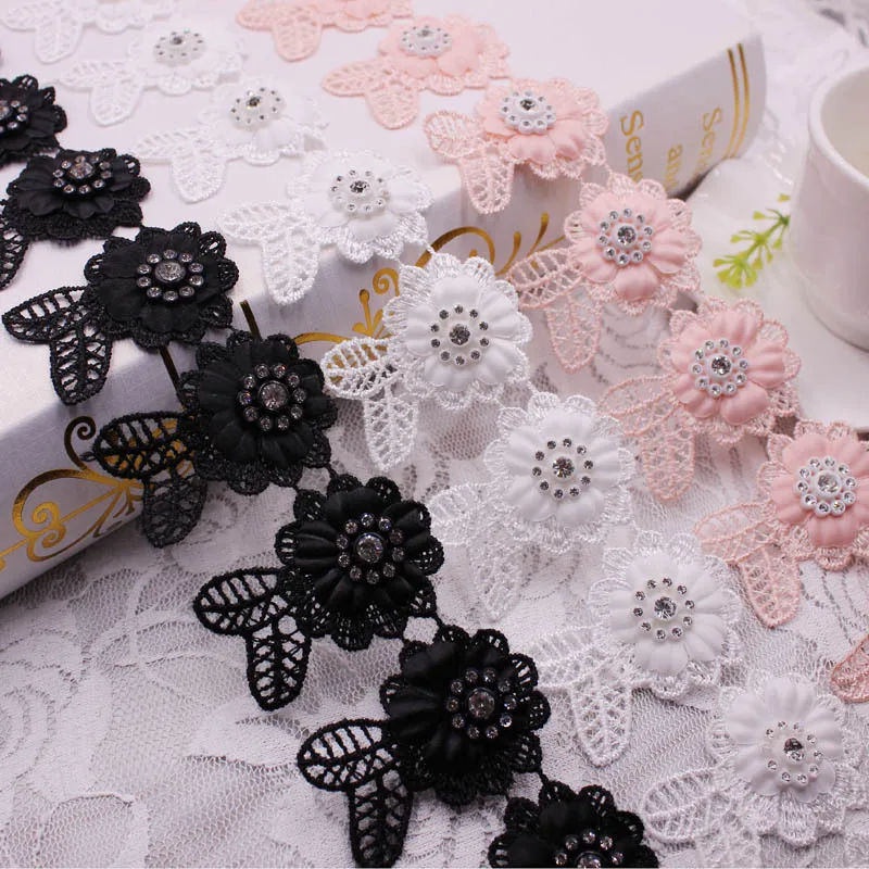 

15Yards Beads Flower Embroidered Lace Trim Pink White Black Ribbon Fabric Handmade DIY Garment Wedding Dress Sewing Craft 45mm