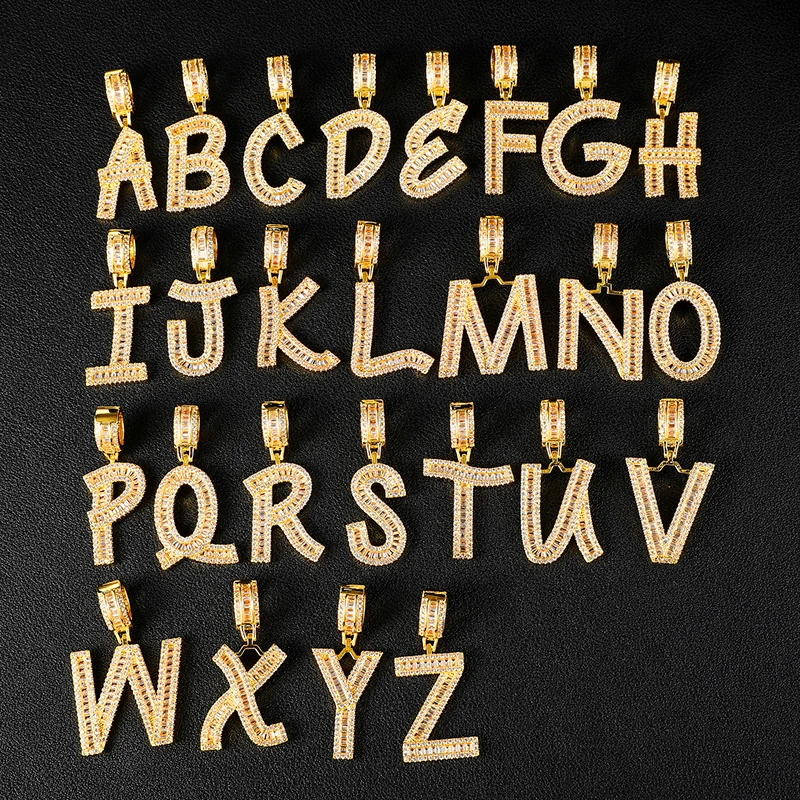 D&Z New A-Z Name Baguette Letters Pendant Hip Hop Pendant Chain Gold Silver Color Bling Zirconia Men's Hip Hop Pendant Jewelry