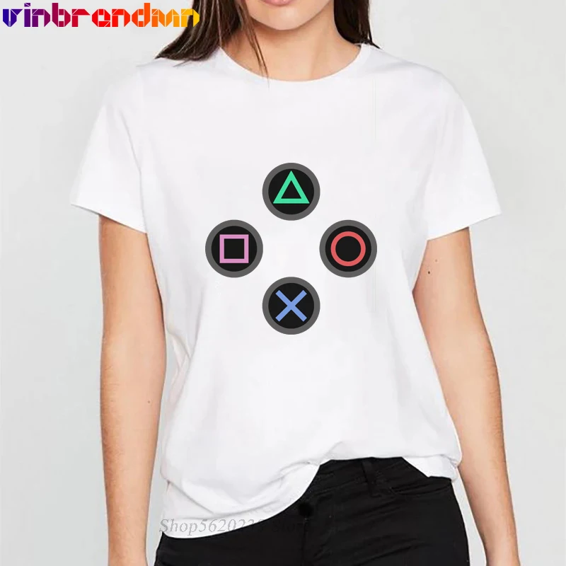 Funny Gaming T Shirt Video Game Print Women T-Shirt New Hipster Buttons Console Design Pue Cotton PS4 Girl Tee Shirt