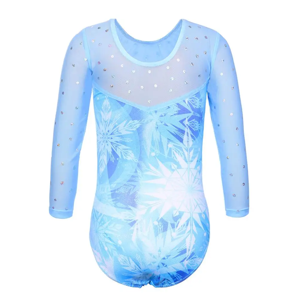 BAOHULU Sparkle Girls Long Sleeve Gymnastics Leotard Blue Snowflake Sequins Ballet Leotard Kids Athletics Costume Bodysuit