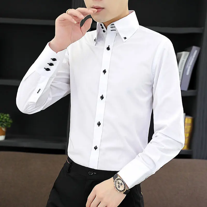 Mens Dress Shirts Spring and Autumn High Quality Long Sleeve Shirt Male Korean Slim Fit Business White Collared Shirt Oversized