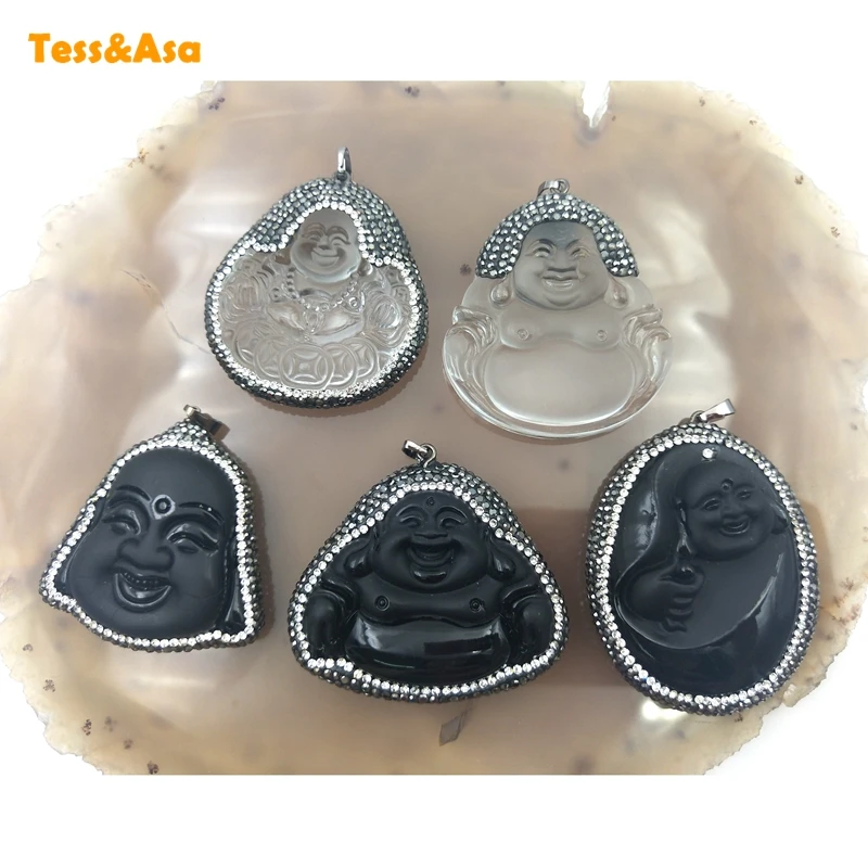 Laughing Buddha Amulet Crystal Women Mens Necklaces Stone Pendant Rhinestone Glass Bead Meaning Charm Buddhism Religious Jewelry