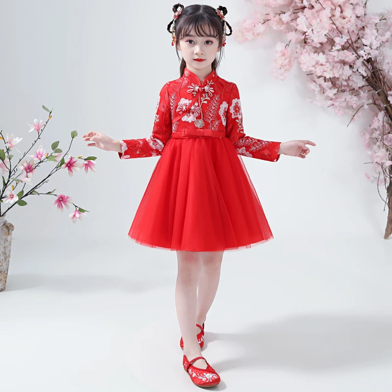 Robe en dentelle brodée de fleurs pour filles, tenue de mariage, Cheongsam, Hafu chinois, robe de fête pour enfants, robe de bébé pour le nouvel an